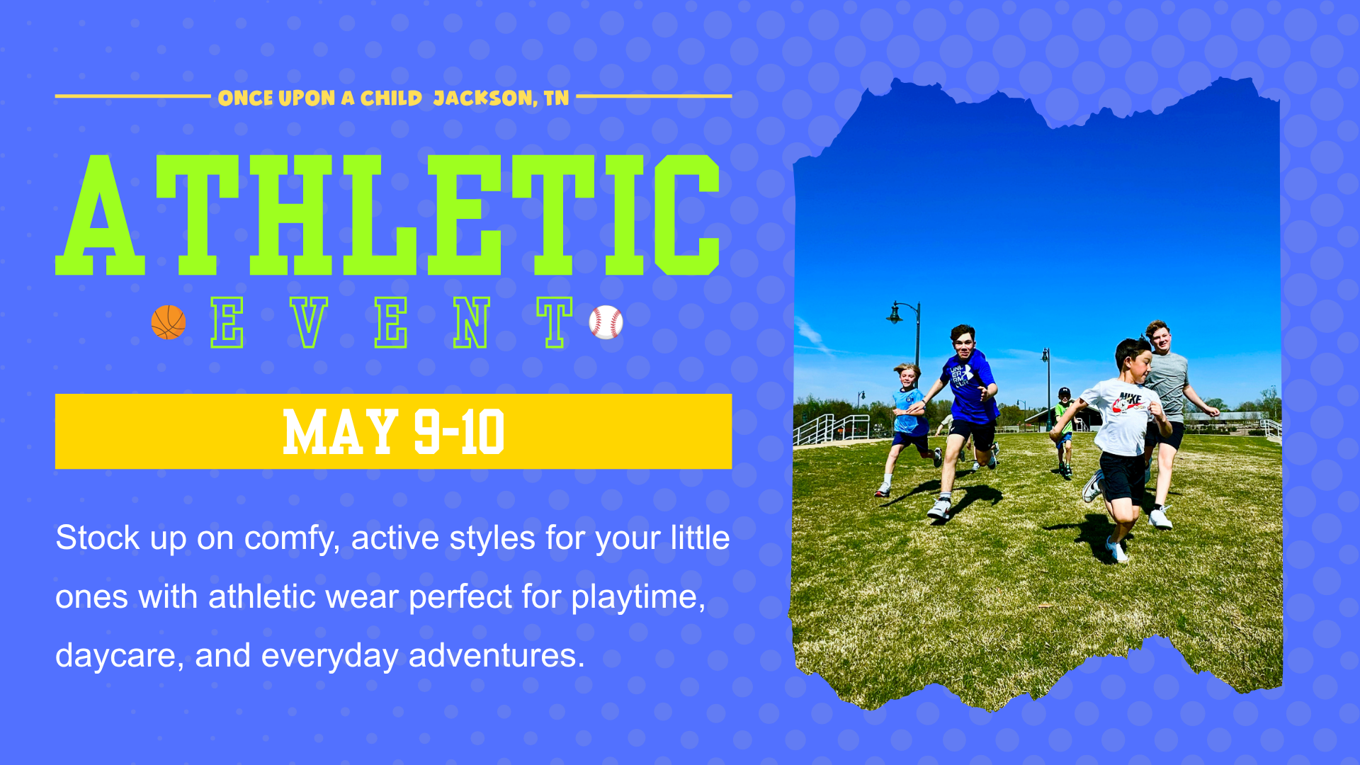 Kids athletic clothing event with play clothes daycare outfits and kids shoes Jackson TN
